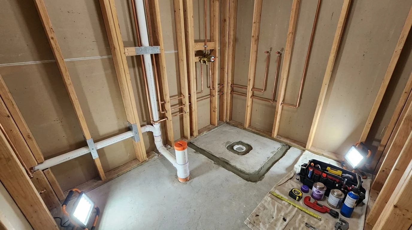 Bathroom rough-in plumbing during remodel by Johns Plumbing LLC in Wadesboro