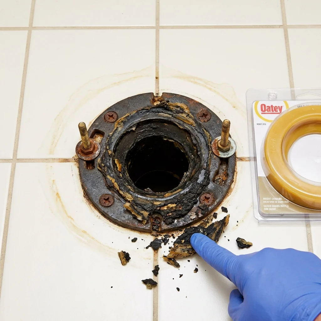 Failed wax ring showing water seepage at the base of a toilet in a Wadesboro, NC home