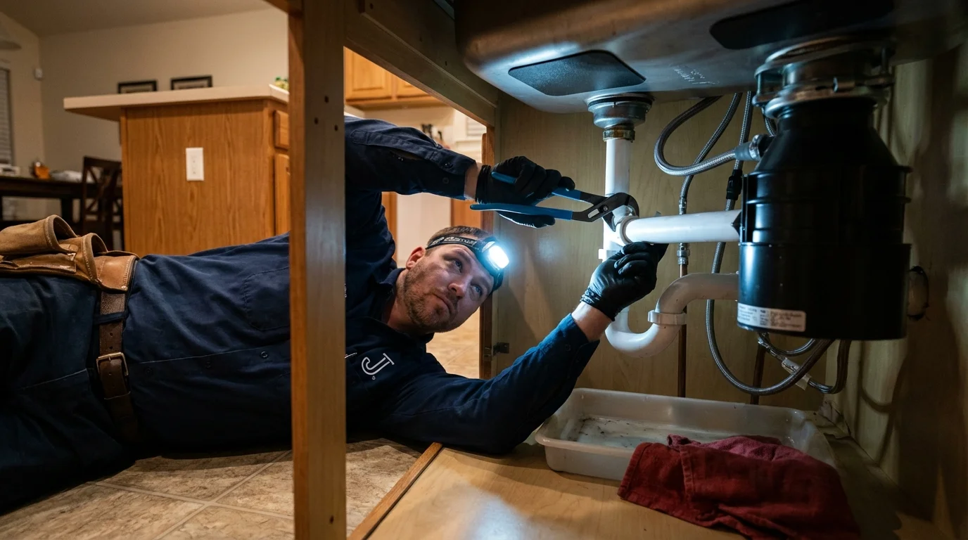 P-trap and supply line connections under a kitchen sink showing a common leak point in Wadesboro, NC